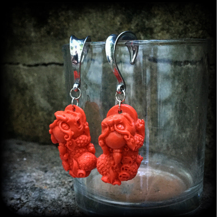 Gorgeous red cinnabar Pixiu gauged earrings available on a range of hooks and clasps for pierced ears and stretched lobes