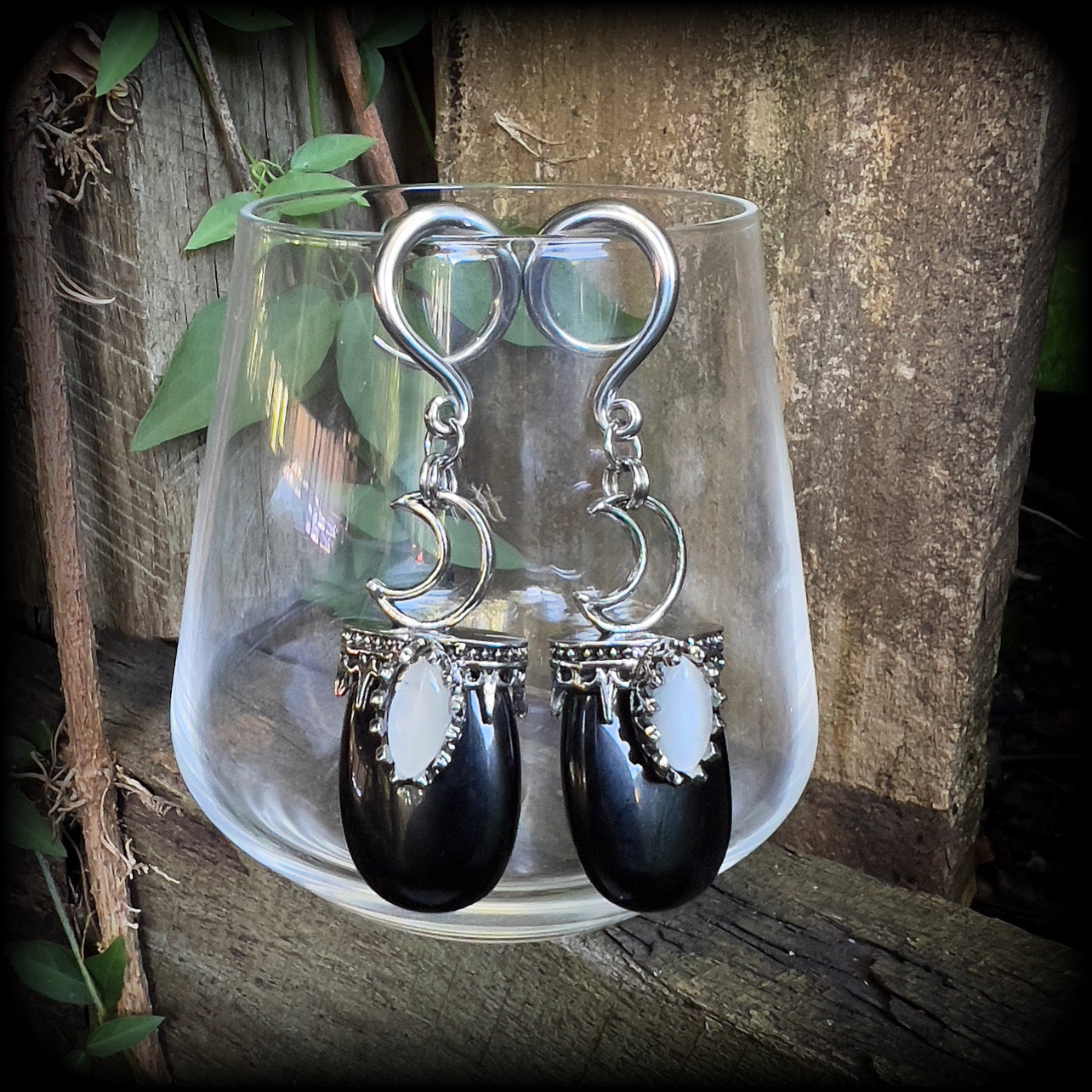 Black obsidian and crescent moon gauged earrings