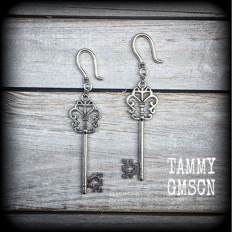 Antique key earrings-Steampunk ear hangers