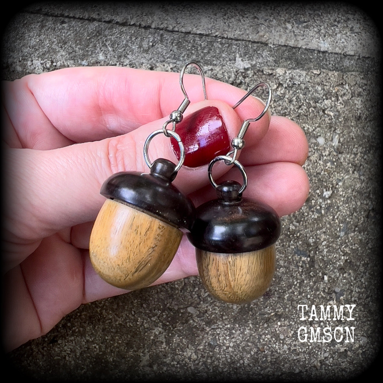 Sandalwood acorn stash pot earrings