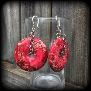 These gorgeous deep pink Ocean jasper earrings weigh in at 32 grams a piece, and hang just on 9cms from tip to tip, made with small antique silver shephard hooks, to be worn in silicone earlets in stretched lobes from 8 gauge (3mm).