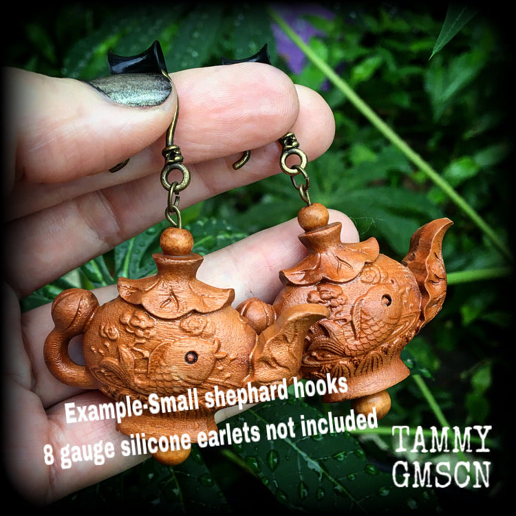 Teapot earrings-Carved wood earrings