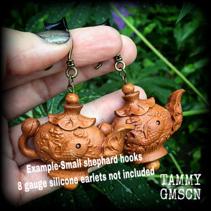 Teapot earrings-Carved wood earrings