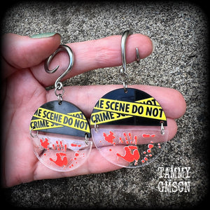 Halloween ear hangers Crime scene earrings Halloween earrings 6 gauge ear weights Horror punk earrings 4mm 6mm 8mm 10mm 12mm 14mm 16mm 19mm 22mm 25mm 28mm 30mm Real life crime Crime scene clean up Spaulding Gauged earrings Stretched lobes Stretched ears Gauged ears 