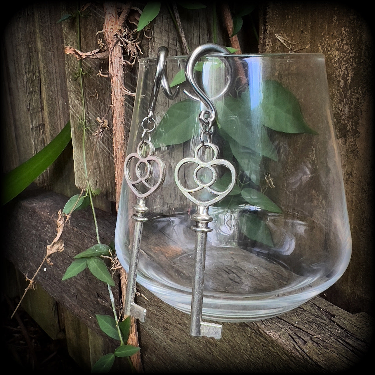 Antique silver key gauged earrings