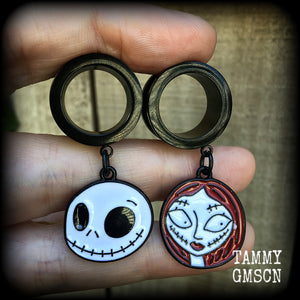 Jack and Sally tunnel earrings-Halloween earrings