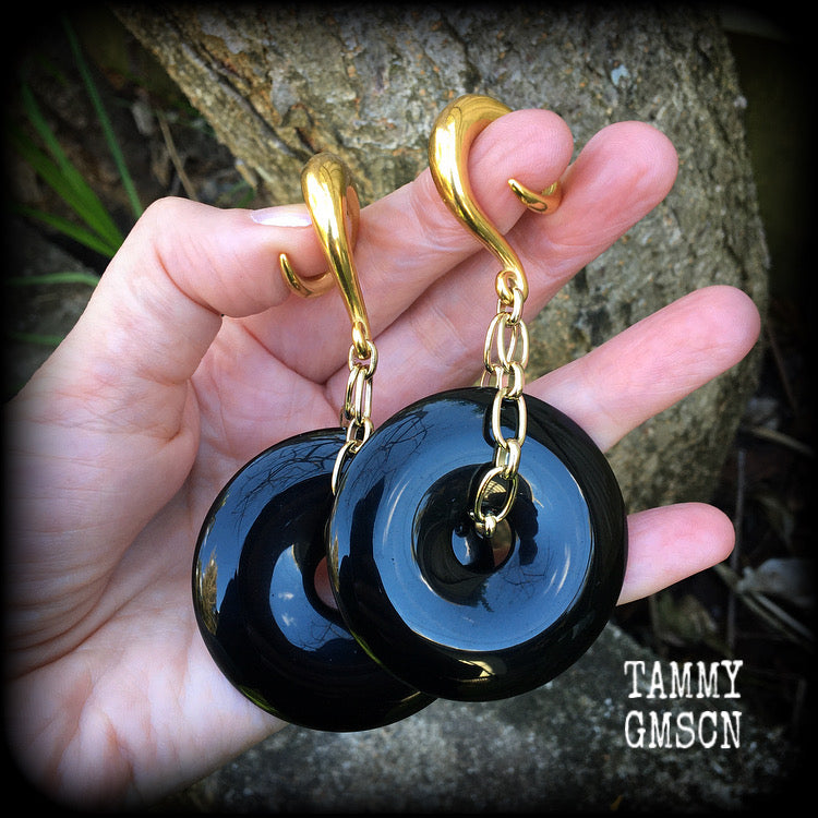 Black obsidian gauged earrings-Ear weights