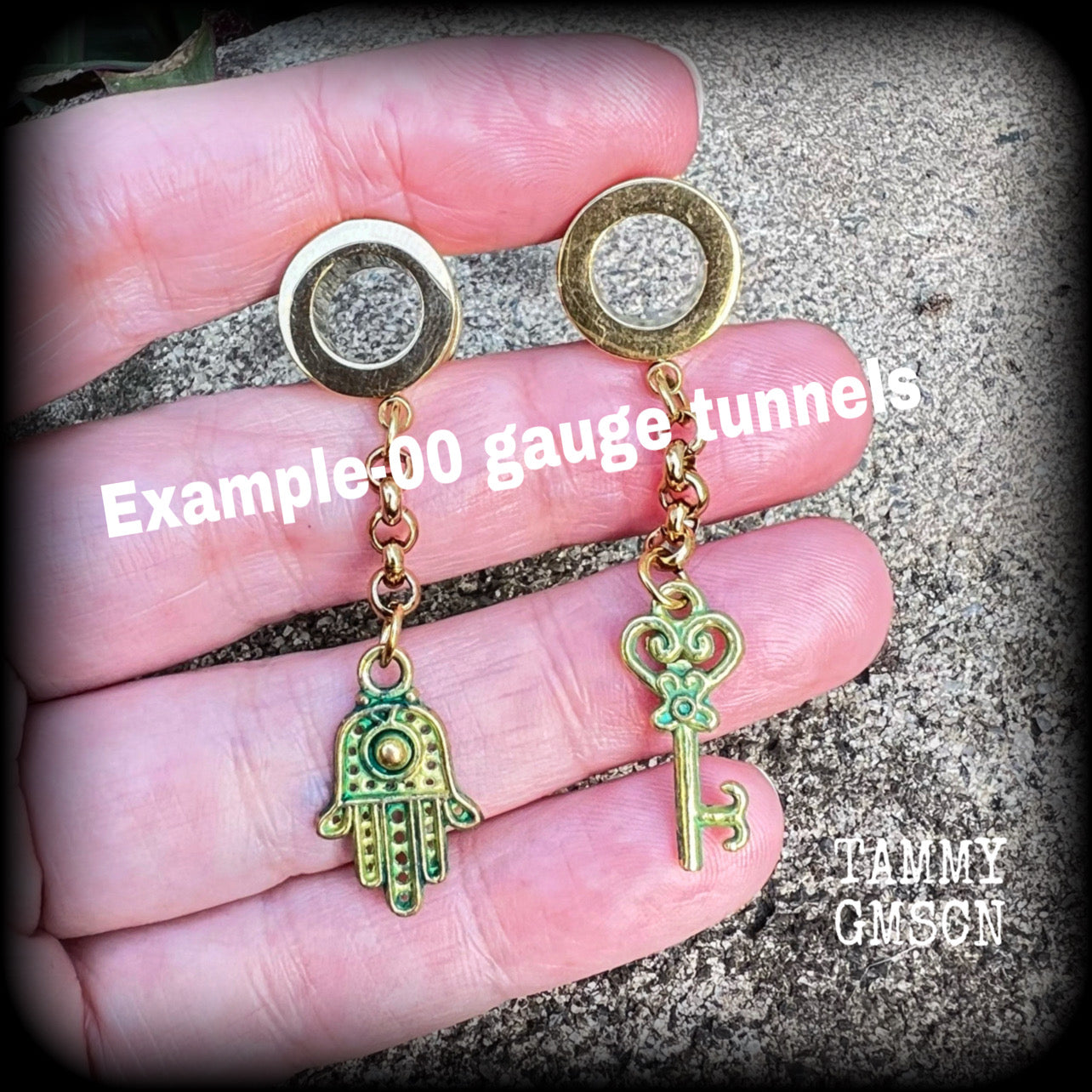 Hamsa hand and key tunnel earrings-Evil eye jewelry