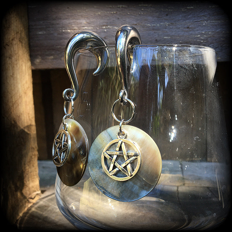 Mother of Pearl and pentagram gauged earrings-Shell earrings