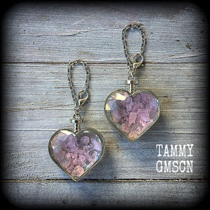 Rose quartz heart earrings-Tunnel dangles