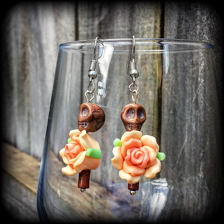 Day of the dead earrings-Skull and rose earrings