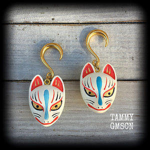 White kitsune gauged earrings-Wood earrings