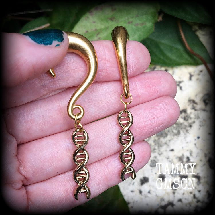 DNA strand earrings DNA helix ear hangers 0 gauge ear weights Science earrings Science ear gauges Stretched lobes Body jewelry Gauged earrings Gauged ears Stretched ears Ear gauges 6g 2g 0g 00g 1/2" 9/16" 5/8" 3/4" 7/8" 1" 1.10" 1.18"