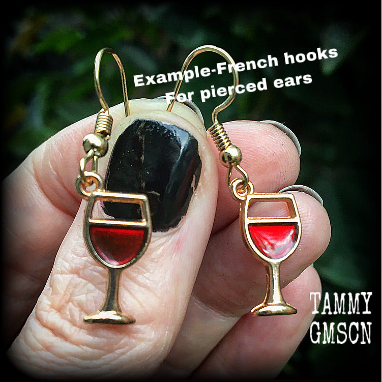 Red wine earrings Alcohol earrings Booze Goon Grog Vino Happy hour Glass of wine earrings Body jewelry Gauges Pierced ears Studs Clip ons
