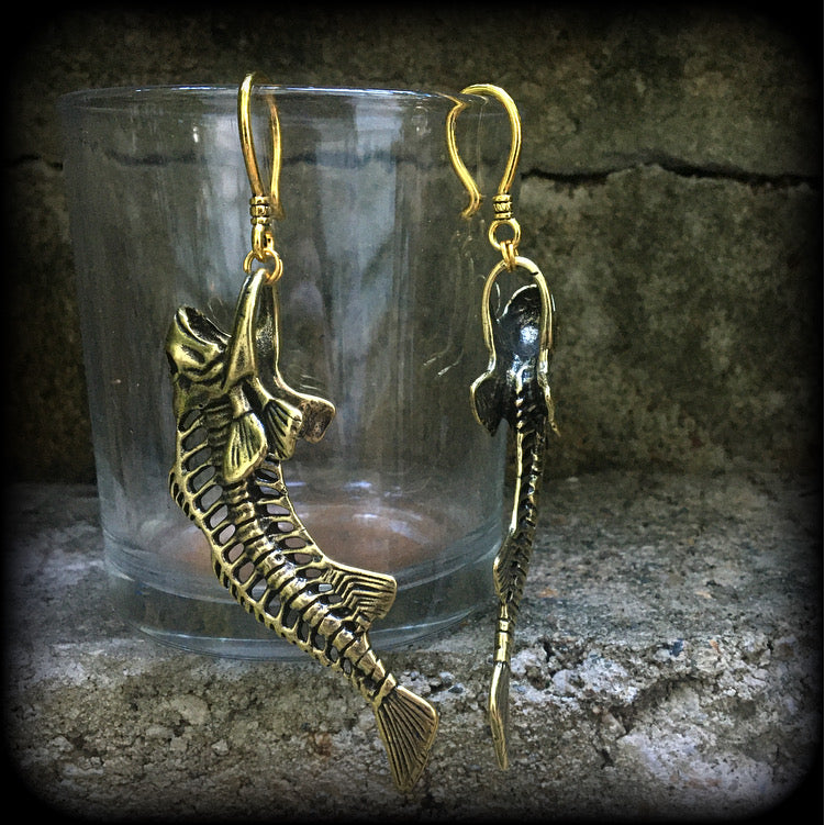 Barracuda skeleton earrings-Fish skeleton ear hangers