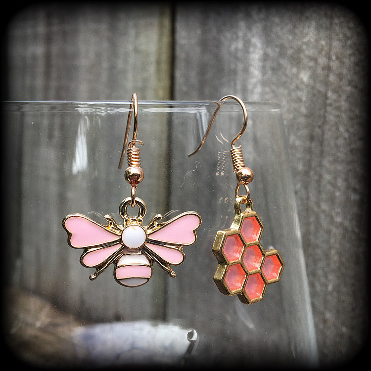 Pink bee and beehive earrings