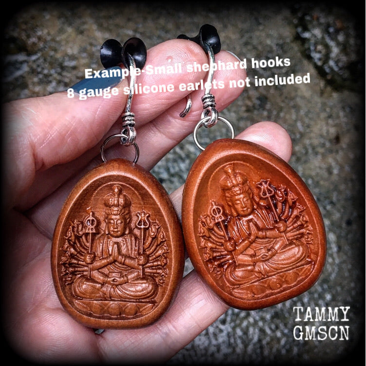 Guan Yin earrings-Carved wood earrings