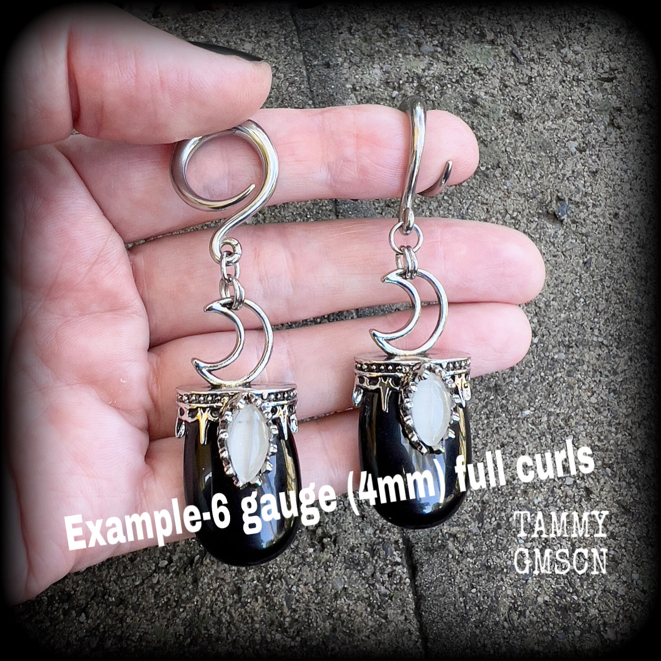 Black obsidian and crescent moon gauged earrings