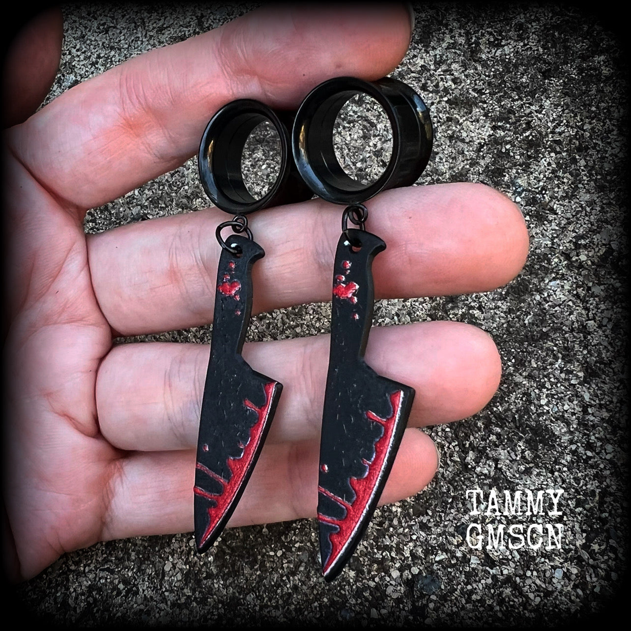 Bloodied knife tunnel earrings-Horror punk earrings