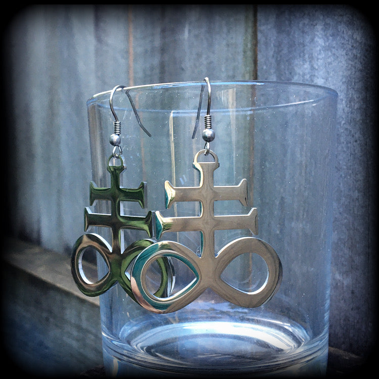 These gorgeous earrings feature large stainless steel Sigil of Sulphur pendants, measure just under 6 cms from tip to tip, and weigh approx 6 grams each.

This pair have been made with stainless steel french hooks, for pierced ears.