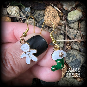 Snowman and Santa stocking earrings-Christmas earrings