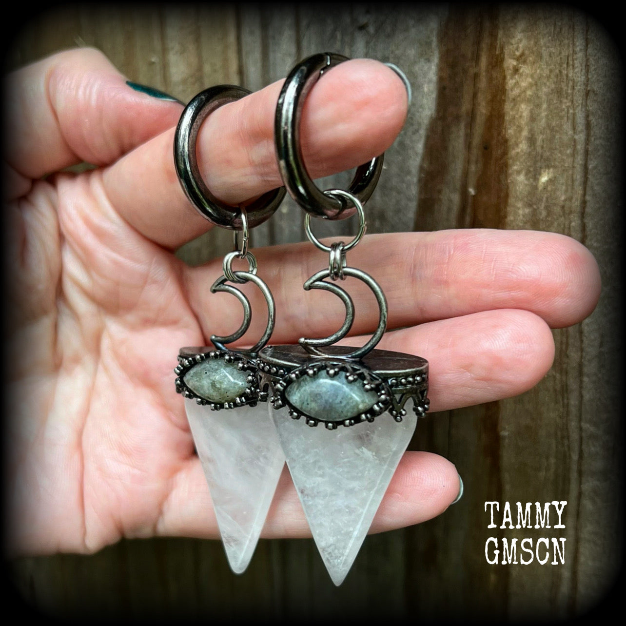 Clear quartz and Labradorite earrings-Ear weights-Ear hangers