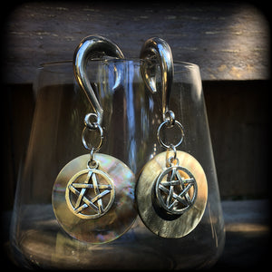 Mother of Pearl and pentagram gauged earrings-Shell earrings