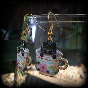 Cat earrings-Teacup folk art earrings