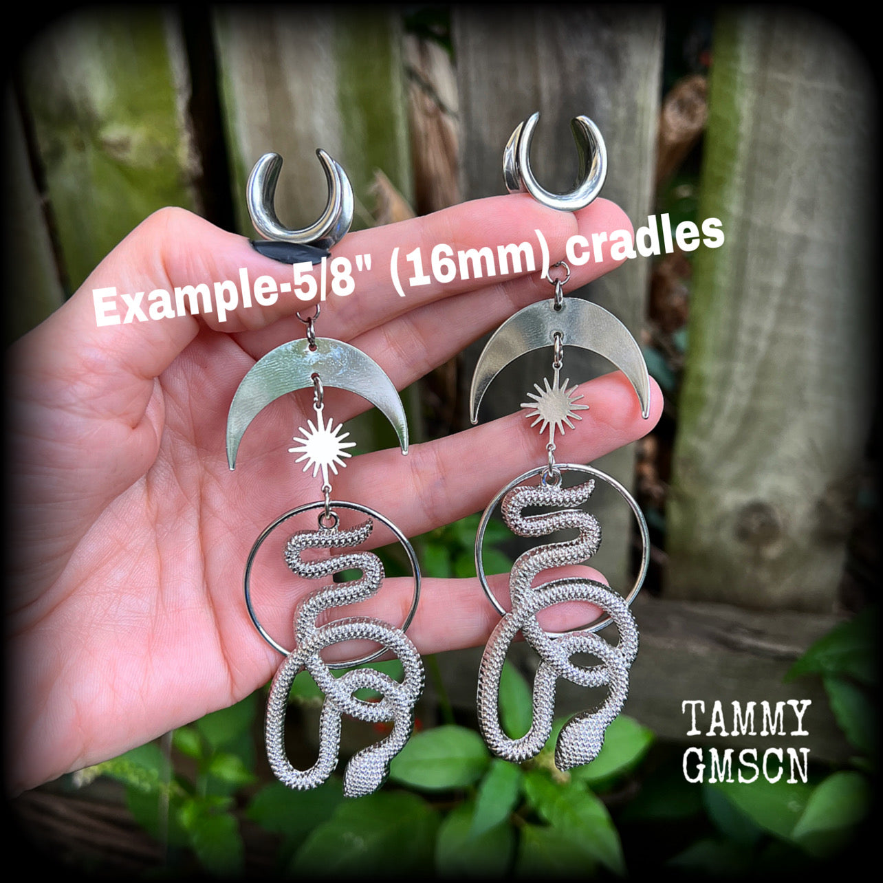 Snake and crescent moon gauged earrings 3/4” ear weights Serpent ear hangers Body jewelry Stretched lobes Stretched ears Gauged earrings Gauged ears Occult earrings Witchy Occult ear hangers Serpent ear weights Snake ear weights Occult jewelry