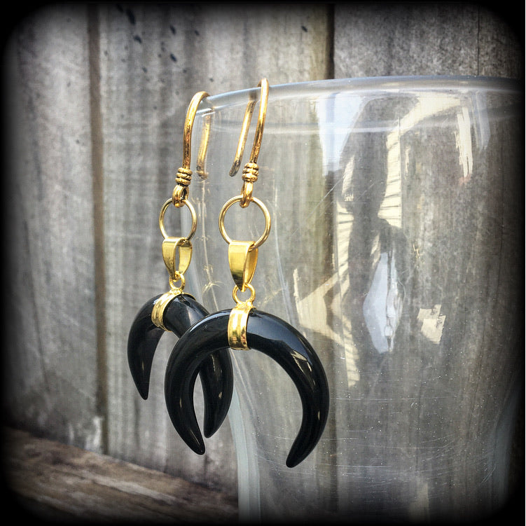 Black obsidian double horn earrings-Ear hangers