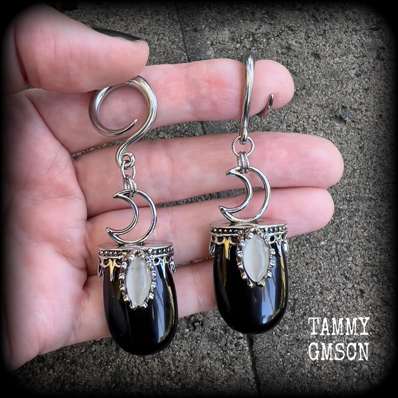 Black obsidian and crescent moon gauged earrings