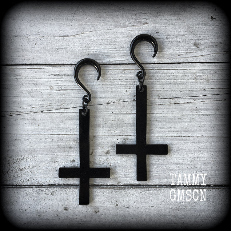 Black inverted cross gauged earrings