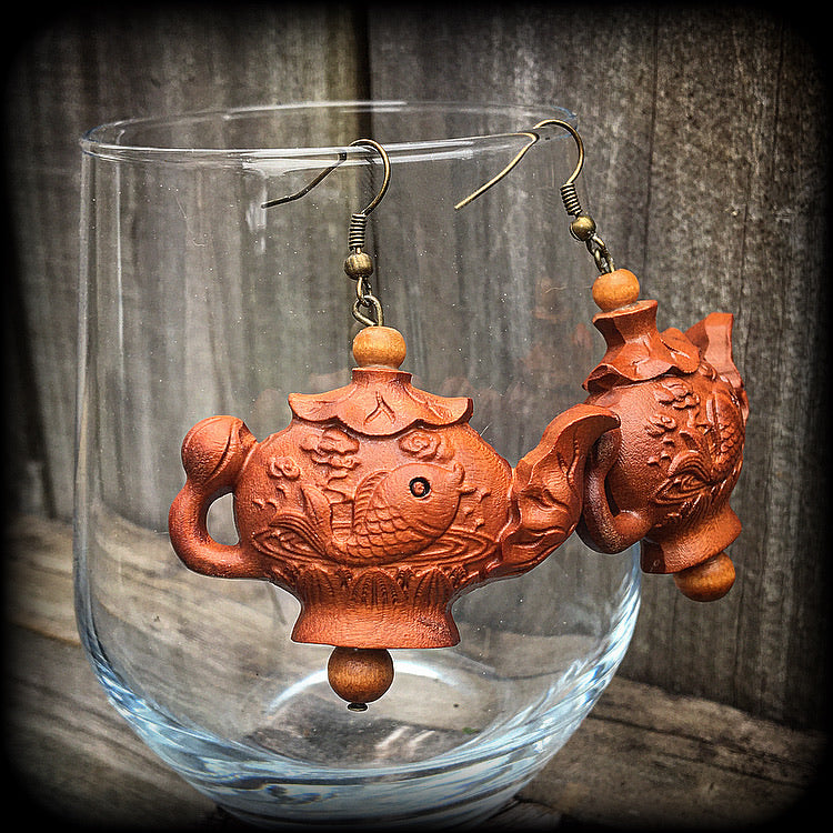 Teapot earrings-Carved wood earrings