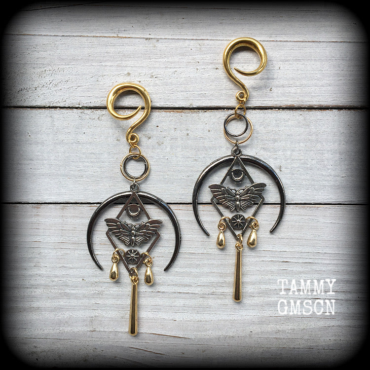 Moth and crescent moon gauged earrings