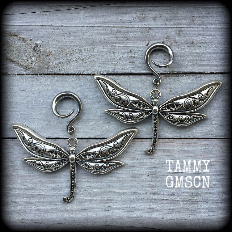 Dragonfly gauged earrings-Insect ear weights