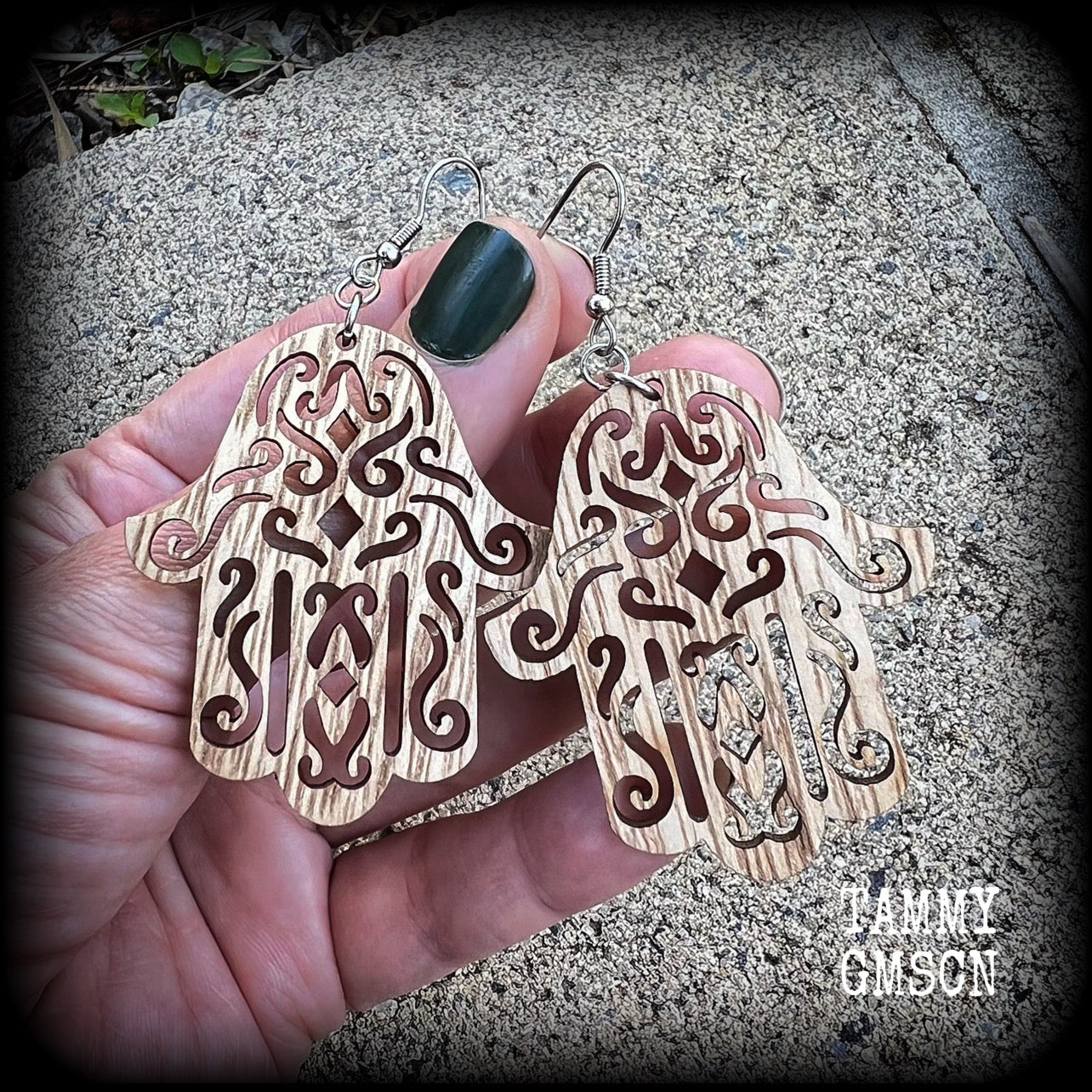 Hamsa hand earrings-Wood earrings