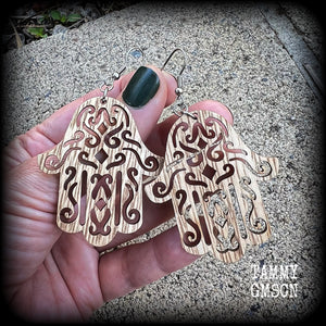 Hamsa hand earrings-Wood earrings