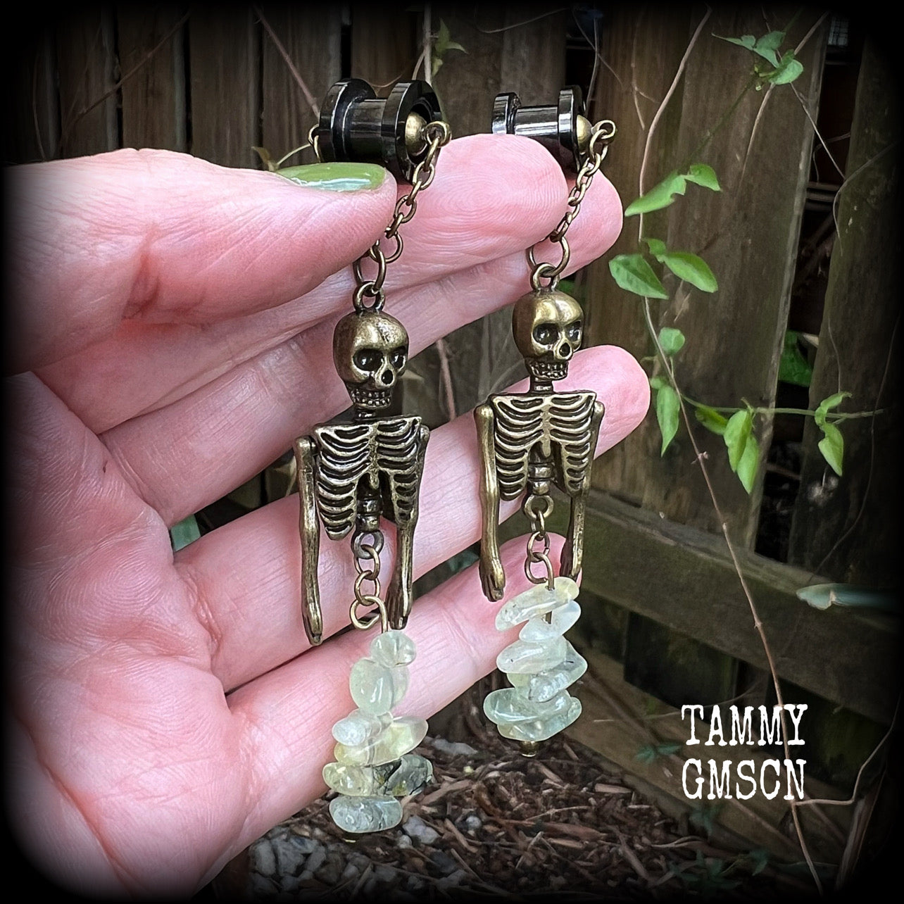 Bronze and Serpentine mermaid skeleton earrings