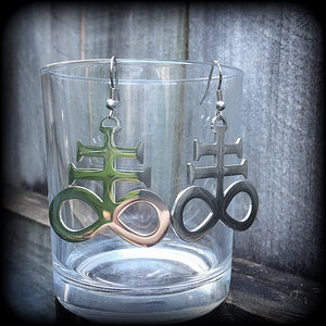 These gorgeous earrings feature large stainless steel Sigil of Sulphur pendants, measure just under 6 cms from tip to tip, and weigh approx 6 grams each.

This pair have been made with stainless steel french hooks, for pierced ears.
