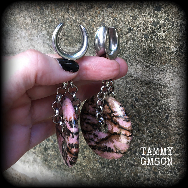 Rhodonite gauged earrings-Gemstone ear weights