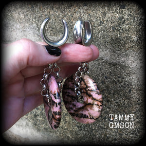 Rhodonite gauged earrings-Gemstone ear weights