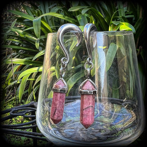 Gorgeous dusty pink rhodochrosite pillar gemstone gauged earrings for gauged ears, available on a range of hooks and clasps for pierced ears and stretched lobes up to 30mm