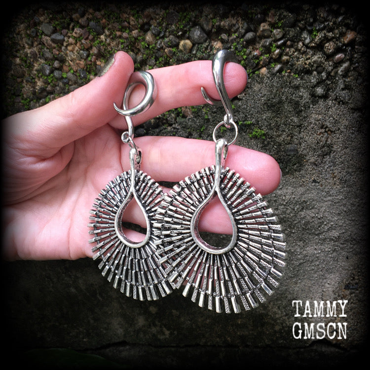 Antique silver Ishtar gauged earrings-Starburst ear weights