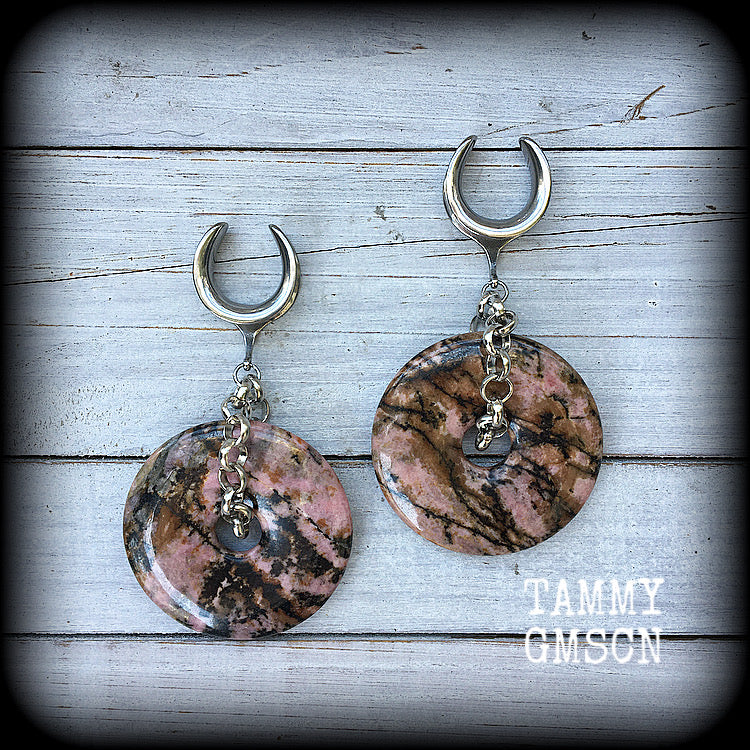 Rhodonite gauged earrings-Gemstone ear weights