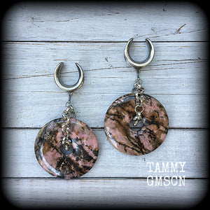Rhodonite gauged earrings-Gemstone ear weights