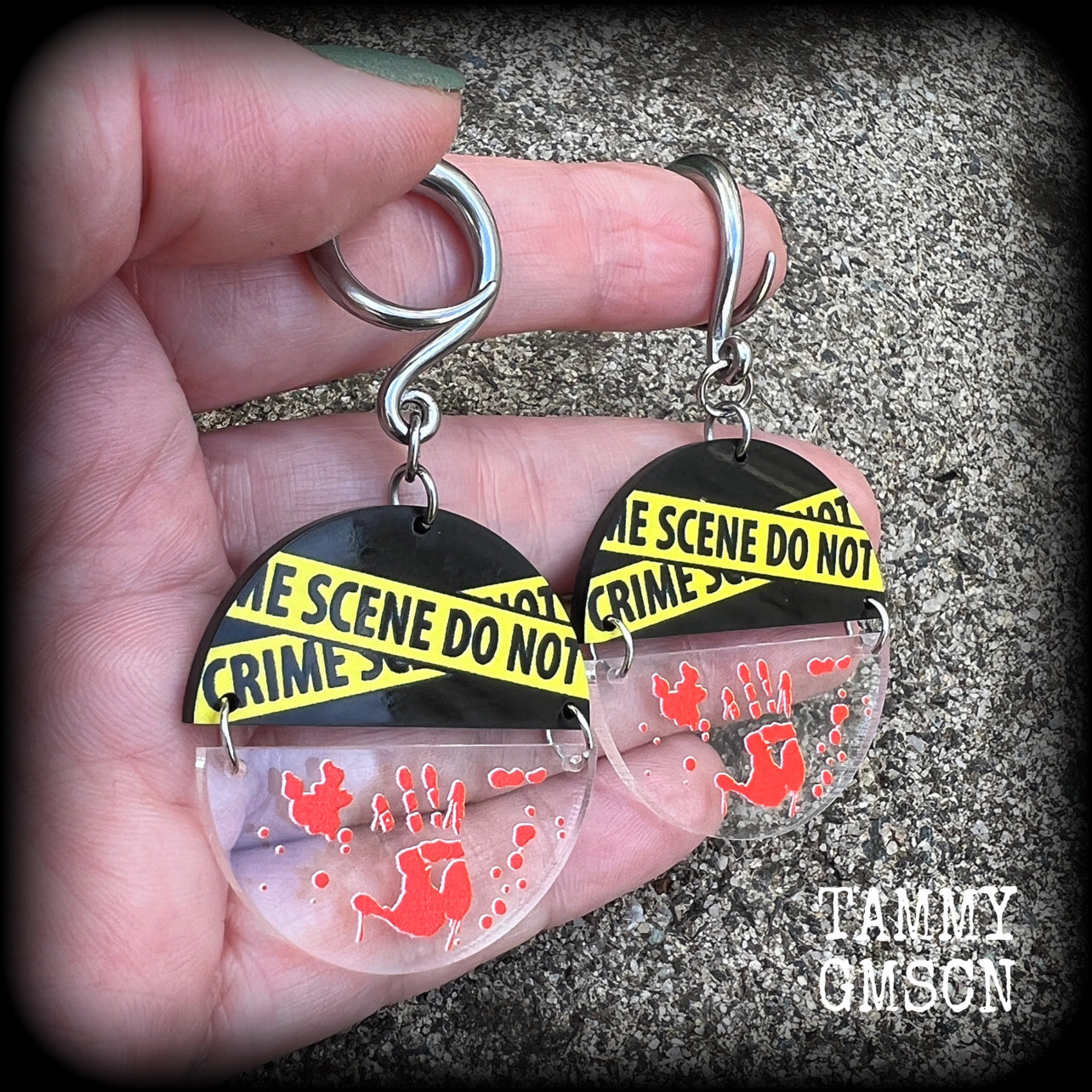 Halloween jewelry Crime scene earrings Halloween earrings 6 gauge ear weights Horror punk earrings 4mm 6mm 8mm 10mm 12mm 14mm 16mm 19mm 22mm 25mm 28mm 30mm Real life crime Crime scene clean up Spaulding Gauged earrings Stretched lobes Stretched ears Gauged ears 