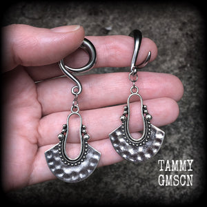 Tribal ear weights Artemis 2 gauge ear weights Antique silver half disc ear hangers Mandala Body jewelry 6g 2g 0g 00g 1/2” 9/16” 5/8” 1” 1.10" 1.18" Body jewelry Boho earrings Gypsy earrings Moss goth Gauged earings Stretched ears Stretched lobes