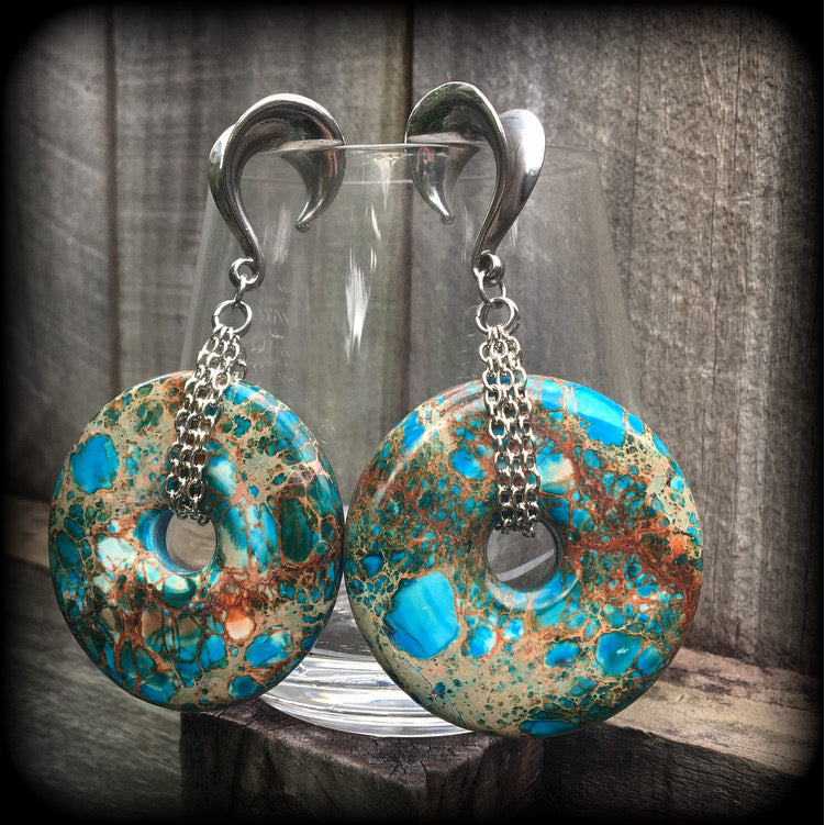 Turquoise ocean jasper ear weights-Gauged earrings