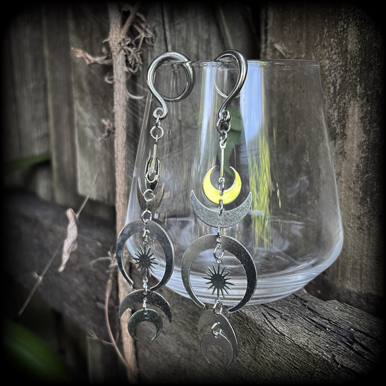 Moon ear weights Moon jewelry Witchy jewelry Witchy ear hangers Tribal sun earrings Occult jewelry Sun earrings Crescent moon earrings Ear gauges Ear jewelry Black Friday Spirals Cradles Saddles 4mm 6mm 8mm 10mm 12mm 14mm 16mm 19mm 22mm 25mm 28mm 30mm