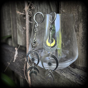 Moon ear weights Moon jewelry Witchy jewelry Witchy ear hangers Tribal sun earrings Occult jewelry Sun earrings Crescent moon earrings Ear gauges Ear jewelry Black Friday Spirals Cradles Saddles 4mm 6mm 8mm 10mm 12mm 14mm 16mm 19mm 22mm 25mm 28mm 30mm